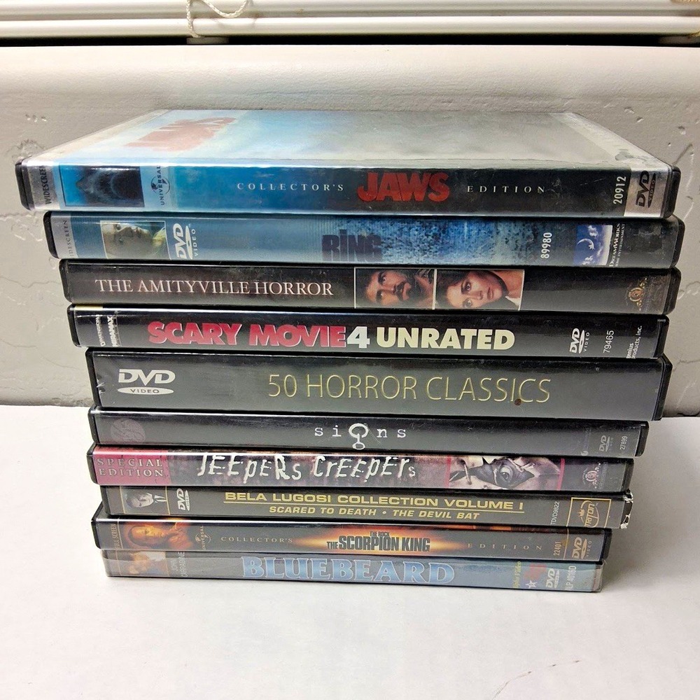 Lot of 10 Horror & Thriller DVDs - Jaws, The Ring, 50 Horror Classics & More